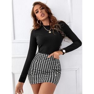 2 piece skirt set: Ribbed Knit long sleeve Tee & Houndstooth mini Skirt